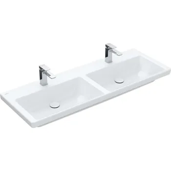 Umyvadlo Villeroy & Boch Subway 3.0 - Dvojumyvadlo nábytkové 130x47 cm, bez přepadu, otvory pro baterie, CeramicPlus, Stone White 4A71D1RW