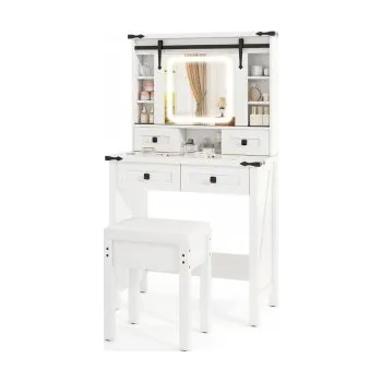Nábytek Toaletní Stolek se zrcadlem HU10928DE-22WH se skleněnou vitrínou a židlí, bílý - B COSTWAY