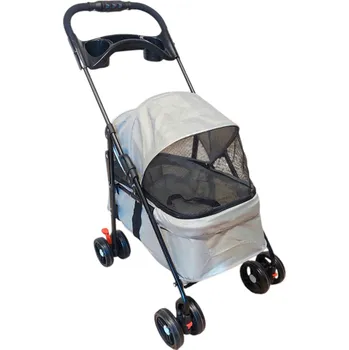 Kočárek pro psa Lehký skládací kočárek pro psy a kočky s pláštěnkou a aretací koleček - šedý