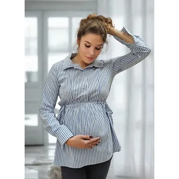 Elegantní těhotenská a kojicí košile Lara 3v1 – modro-bílá pruhovaná, bavlněná, dlouhý rukáv Velikost: S
