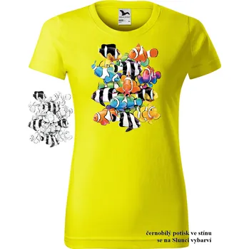 Dámské tričko damske-tricko-potisk-rej-rybicek-menici-barvu Velikost dámská trička Basic: S šířka 44, délka 60, Odstín dámské tričko Basic: Citronové