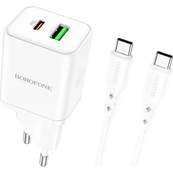Borofone síťová nabíječka BN7 USB + USB-C- QC 3.0 PD / 20W - bílá (s kabelem)