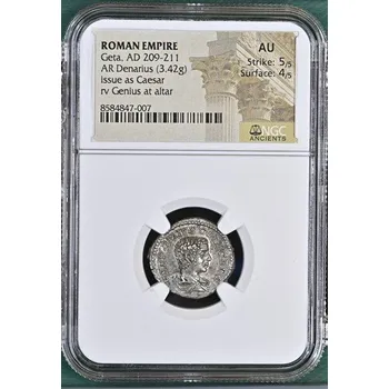 Geta – denár, Řím 209 n. l., NGC AU