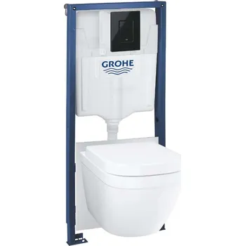 WC sada Grohe Solido - Set předstěnové instalace, klozetu Euro Ceramic, sedátka Softclose a tlačítka Even, lesklá černá 39941000