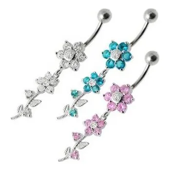 Piercing BP01136-Q Stříbrný piercing do pupíku - kytička - květiny - tyrkysová