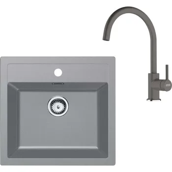 Granitový dřez Franke Sety - Kuchyňský set T122Š, tectonitový dřez SID 610 a baterie FC 6018.901, šedá/šedý kámen 143.0687.391