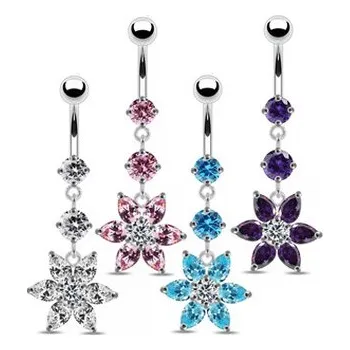 Piercing BP01144-A Stříbrný piercing do pupíku - kytička - květiny - fialová