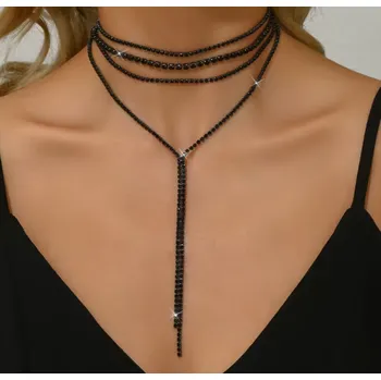 Náhrdelník B-TOP Černý čtyřvrstvý choker náhrdelník s krystaly a střapci