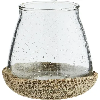 Svícen MADAM STOLTZ Skleněný svícen na jutovém tácku 9 cm