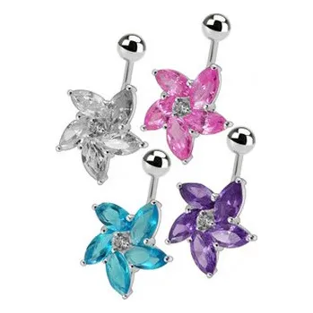 Piercing BP01159-Q Stříbrný piercing do pupíku - kytička - květiny - tyrkysová