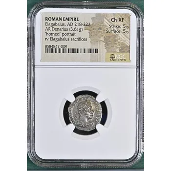 Elagabalus – denár, Řím 221–222 n. l., NGC Ch XF