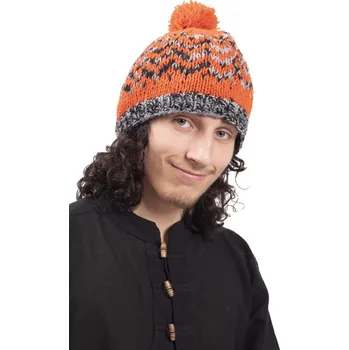 Čepice Nepál Vlněná čepice s bambulí oranžová