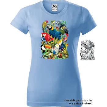Dámské tričko damske-tricko-potisk-okrasni-ptaci-menici-barvu Velikost dámská trička Basic: XL šířka 56, délka 67, Odstín dámské tričko Basic: Nebesky modré