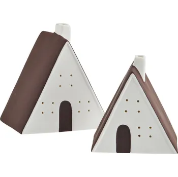 Svícen MADAM STOLTZ Porcelánový LED svítící domeček White/Brown Menší