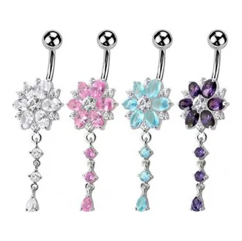 Piercing BP01120-P Stříbrný piercing do pupíku - kytička - květiny - růžová