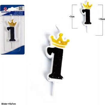 Dortová svíčka Ouda Party - Černá narozeninová svíčka se třpytkami, korunka, číslo 1