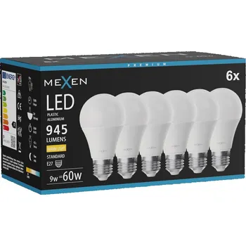 Žárovka Mexen Nova 6x LED žárovka E27, A60, 9W, Teplá - 3000K, 945 lm - L100-E27-0930-01x06 Żarówki LED