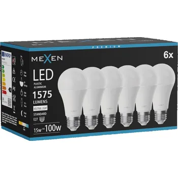 Žárovka Mexen Nova 6x LED žárovka E27, A60, 15W, Neutrální - 4000K, 1575 lm - L100-E27-1540-01x06 Żarówki LED