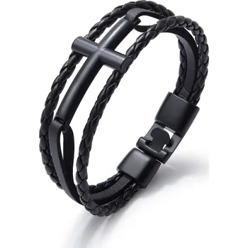 Módní doplněk Troli Černý kožený náramek s křížkem Leather VPH1291D + 2 měsíce na vrácení zboží