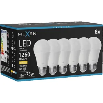 Žárovka Mexen Nova 6x LED žárovka E27, A60, 12W, Teplá - 3000K, 1260 lm - L100-E27-1230-01x06 Żarówki LED