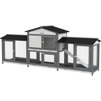 Kotec pro malá zvířata s venkovním výběhem včetně rampy, asfaltová střecha, jedlové dřevo, PAWHUT | šedá