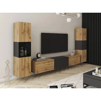 Obývací stěna Stěna do obýváku HEXIO - dub wotan / dub wotan / černá + LED osvětlení