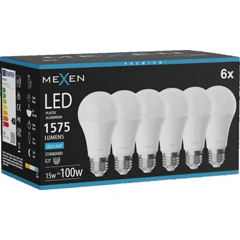 Žárovka Mexen Nova 6x LED žárovka E27, A60, 15W, Studená - 6500K, 1575 lm - L100-E27-1565-01x06 Żarówki LED