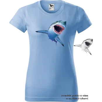 Dámské tričko damske-tricko-potisk-zralok-menici-barvu Velikost dámská trička Basic: XXL šířka 59, délka 69, Odstín dámské tričko Basic: Nebesky modré