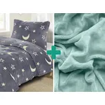 Svítící povlečení mikroplyš BIG MOON šedé + prostěradlo mikroplyš SOFT 90x200 cm mentolové, 140x200 / 70x90 cm