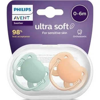 Kojenecká váha Philips Avent Ultra-Soft dudlíky bez BPA, 2 balení pro děti ve věku 0-6 měsíců, zelená/oranžová
