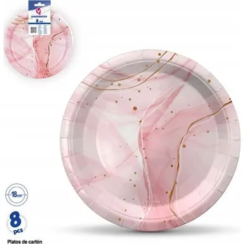 Talíř Papírové talířky na jedno použití mramorované růžové 18cm 8ks RŮŽOVÝ MRAMOR