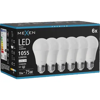 Žárovka Mexen Nova 6x LED žárovka E27, A60, 10W, Neutrální - 4000K, 1055 lm - L100-E27-1040-01x06 Żarówki LED