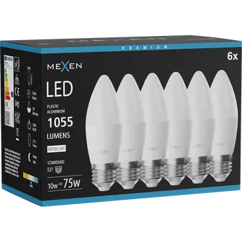 Žárovka Mexen Nova 6x LED žárovka E27, C37, 10W, Neutrální - 4000K, 1055 lm - L102-E27-1040-01x06 Żarówki LED
