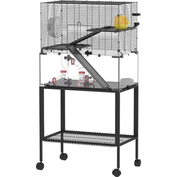 Klec pro křečka ,ohrada pro malá zvířata se 3 úrovněmi, cvičební kolečko, bouda, plošiny, rampy, miska, kompletní set PAWHUT |černá