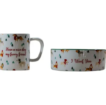 TIAKI sada hrnku a misky s veselým zimním motivem psů bílá/zelená/červená