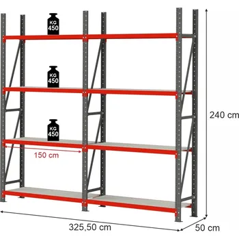 Dílenský regál Skladový regál FORTIS, 8policový, výška 240 cm, délka 325,5 cm, hloubka 50 cm