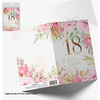 Pozlacená blahopřejný lístek k 18. narozeninám s růžovými květy