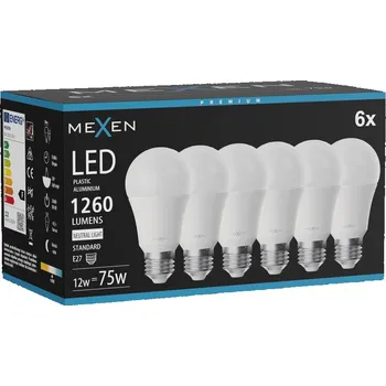 Žárovka Mexen Nova 6x Žárovka LED E27, A60, 12W, Neutrální - 4000K, 1260 lm - L100-E27-1240-01x06 Żarówki LED