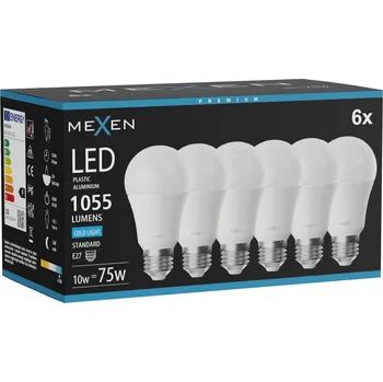 Žárovka Mexen Nova 6x LED žárovka E27, A60, 10W, Studená - 6500K, 1055 lm - L100-E27-1065-01x06 Żarówki LED
