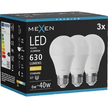 Žárovka Mexen Nova 3x LED žárovka E27, A60, 6W, Teplá - 3000K, 630 lm - L100-E27-0630-01x03 Żarówki LED