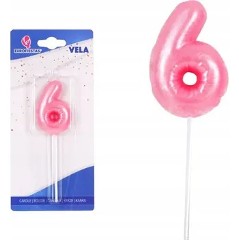 Dortová svíčka SVÍČKA NA DORT S KORUNKOU ČÍSLO 6 SVĚTLE RŮŽOVÁ 9,5CM PARTYDECO