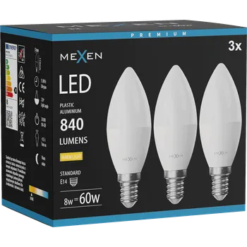 Žárovka Mexen Nova 3x LED žárovka E14, C37, 8W, Teplá - 3000K, 840 lm - L102-E14-0830-01x03 Żarówki LED