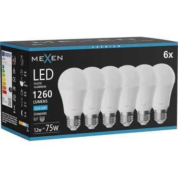 Žárovka Mexen Nova 6x Žárovka LED E27, A60, 12W, Studená - 6500K, 1260 lm - L100-E27-1265-01x06 Żarówki LED