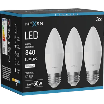 Žárovka Mexen Nova 3x LED žárovka E27, C37, 8W, Neutrální - 4000K, 840 lm - L102-E27-0840-01x03 Żarówki LED