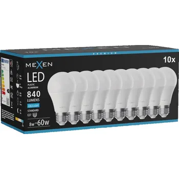 Žárovka Mexen Nova 10x Žárovka LED E27, A60, 8W, Studená - 6500K, 840 lm - L100-E27-0865-01x10 Żarówki LED