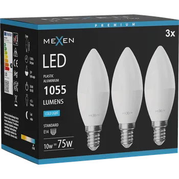 Žárovka Mexen Nova 3x LED žárovka E14, C37, 10W, Studená - 6500K, 1055 lm - L102-E14-1065-01x03 Żarówki LED