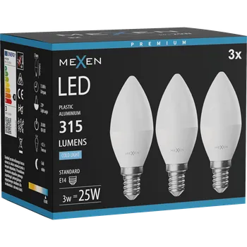 Žárovka Mexen Nova 3x LED žárovka E14, C37, 3W, Studená - 6500K, 315 lm - L102-E14-0365-01x03 Żarówki LED