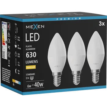Žárovka Mexen Nova 3x LED žárovka E14, C37, 6W, Teplá - 3000K, 630 lm - L102-E14-0630-01x03 Żarówki LED