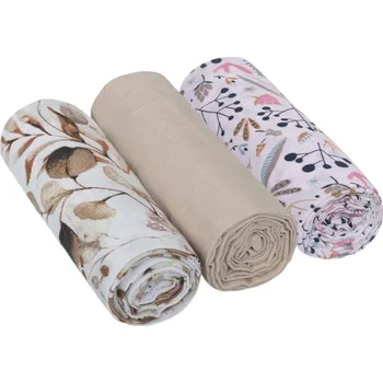 látková plena Baby Nellys Mušelínové pleny 3ks Lux - Eukalyptus/Jeřabina, 70 x 80 cm, béžová