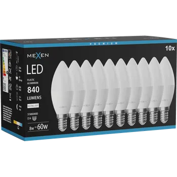 Žárovka Mexen Nova 10x LED žárovka E14, C37, 8W, Neutrální - 4000K, 840 lm - L102-E14-0840-01x10 Żarówki LED